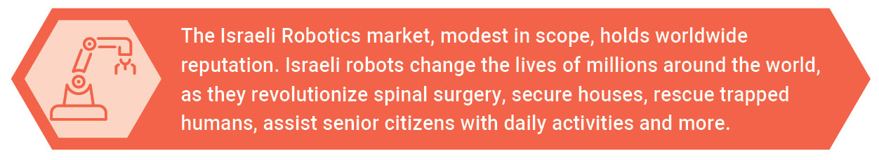 The Israeli Robotics market, modest in scope, holds worldwide reputation. Israeli robots change the lives of millions around the world, as they revolutionize spinal surgery, secure houses, rescue trapped humans, assist senior citizens with daily activities and more.
